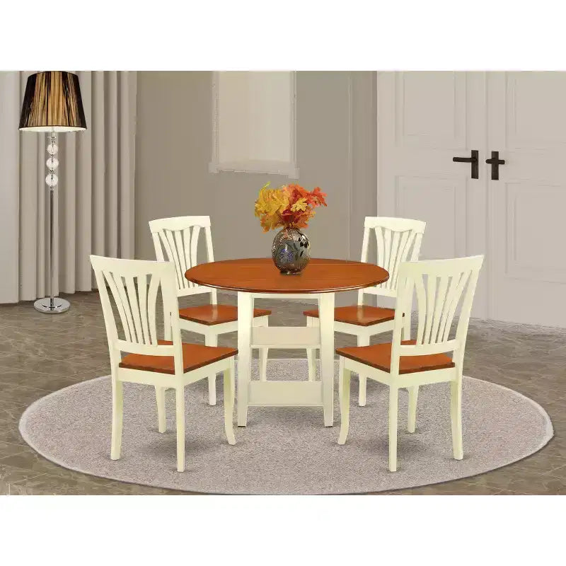 Ensemble de salle à manger Art Déco - Table ronde et chaises 5 pièces - Finition cerisier crème