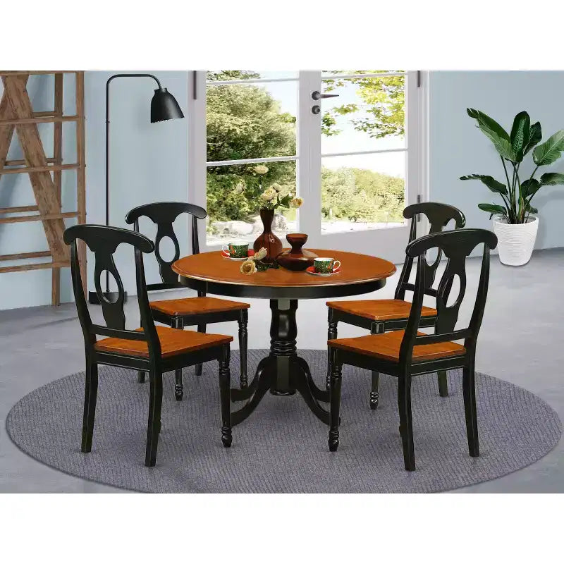 Ensemble table de cuisine 5 pièces - Table à manger ronde et 4 chaises - Design moderne - 107 cm - Finition noire et merisier