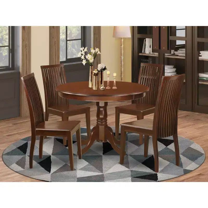 Ensemble de salle à manger 5 pièces - Table ronde et 4 chaises - Assise en bois - Finition acajou - HomeStock