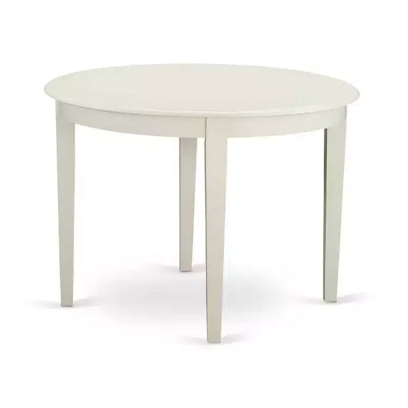 Ensemble de salle à manger 3 pièces HomeStock avec table ronde plateau bois massif finition blanc lin
