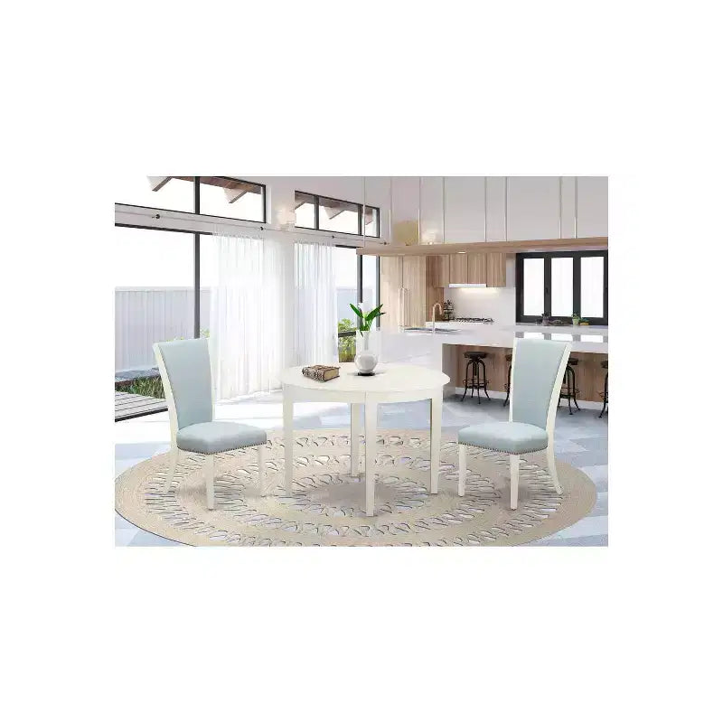 Ensemble de salle à manger 3 pièces HomeStock avec table ronde plateau bois massif finition blanc lin