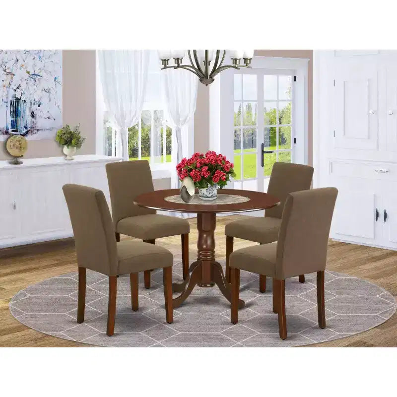 Ensemble de salle à manger rond 5 pièces - Table de 106 cm avec rallonges et 4 chaises Parsons - Tissu lin