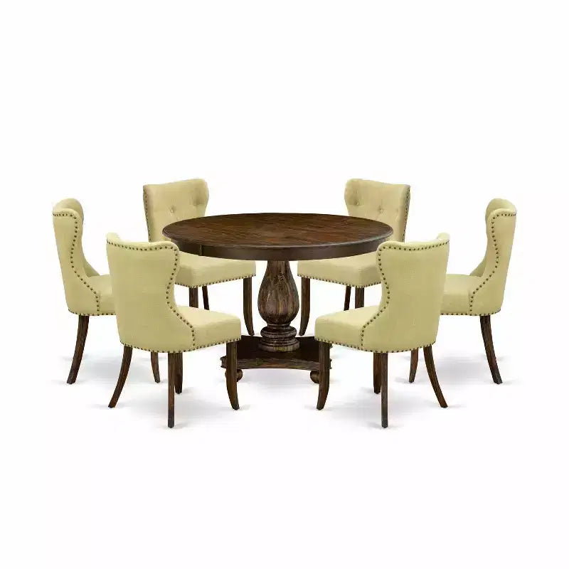 HomeStock 7-Piece Round Distressed Jacobean Finish Solid Wood Top Dining Table with 6 Parson Chairs