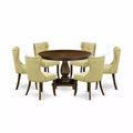 HomeStock 7-Piece Round Distressed Jacobean Finish Solid Wood Top Dining Table with 6 Parson Chairs