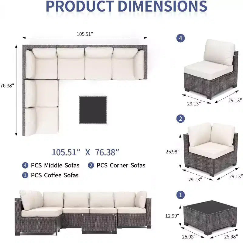 Acekool Ensemble de meubles de patio 7 pièces, canapé sectionnel en osier avec table basse et coussins, canapé modulaire d'extérieur