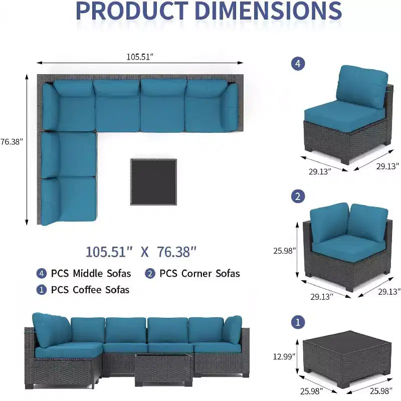 Acekool Ensemble de meubles de patio 7 pièces, canapé sectionnel en osier avec table basse et coussins, canapé modulaire d'extérieur