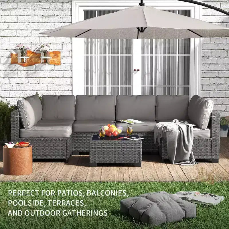 Acekool Ensemble de meubles de patio 7 pièces, canapé sectionnel en osier avec table basse et coussins, canapé modulaire d'extérieur