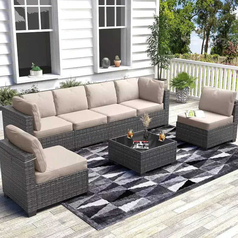 Acekool Ensemble de meubles de patio 7 pièces, canapé sectionnel en osier avec table basse et coussins, canapé modulaire d'extérieur