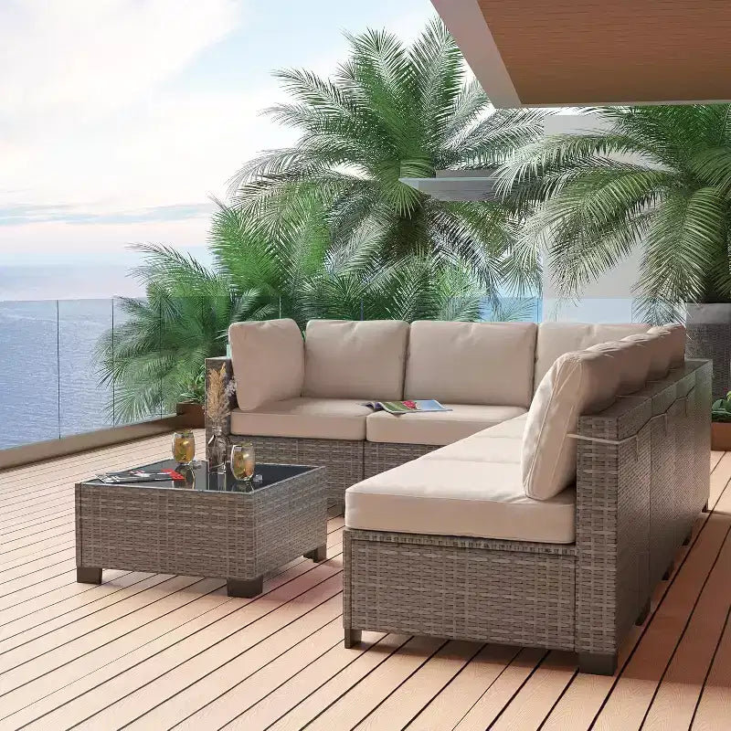 Acekool Ensemble de meubles de patio 7 pièces, canapé sectionnel en osier avec table basse et coussins, canapé modulaire d'extérieur