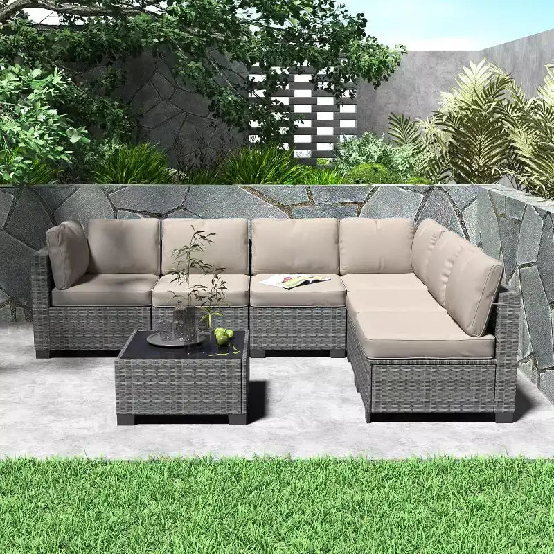Acekool Ensemble de meubles de patio 7 pièces, canapé sectionnel en osier avec table basse et coussins, canapé modulaire d'extérieur