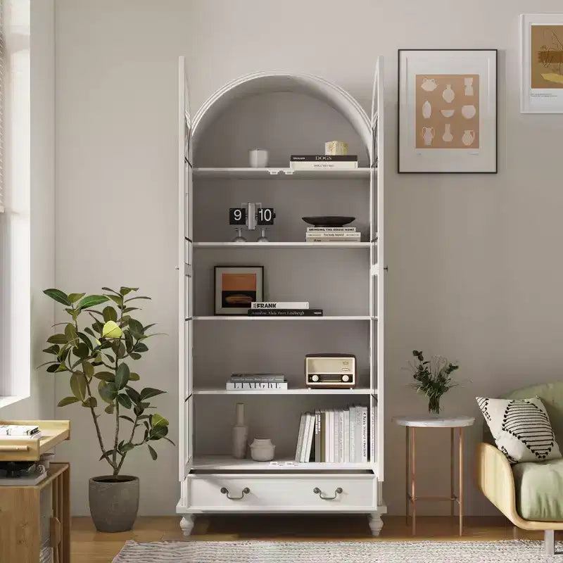 Vitrine / Bibliothèque à Porte Vitrée Bombée avec Fermeture Magnétique + Étagères Ouvertes + Tiroir
