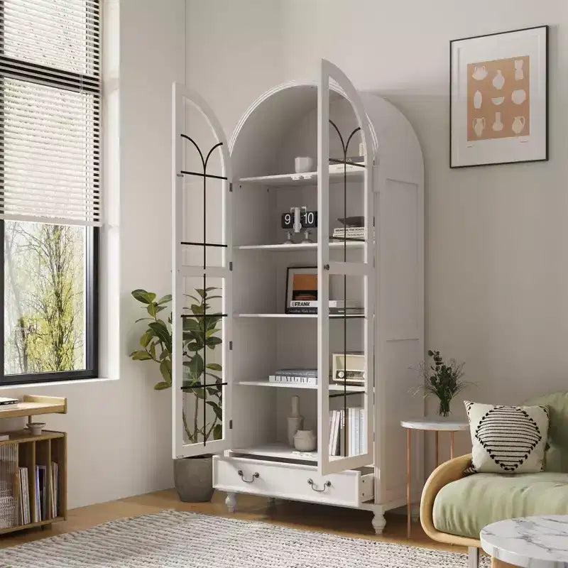 Vitrine / Bibliothèque à Porte Vitrée Bombée avec Fermeture Magnétique + Étagères Ouvertes + Tiroir
