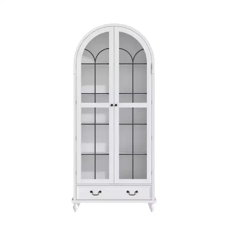 Vitrine / Bibliothèque à Porte Vitrée Bombée avec Fermeture Magnétique + Étagères Ouvertes + Tiroir