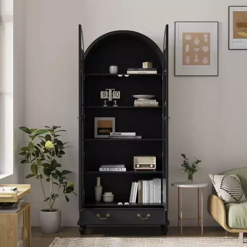 Vitrine / Bibliothèque à Porte Vitrée Bombée avec Fermeture Magnétique + Étagères Ouvertes + Tiroir