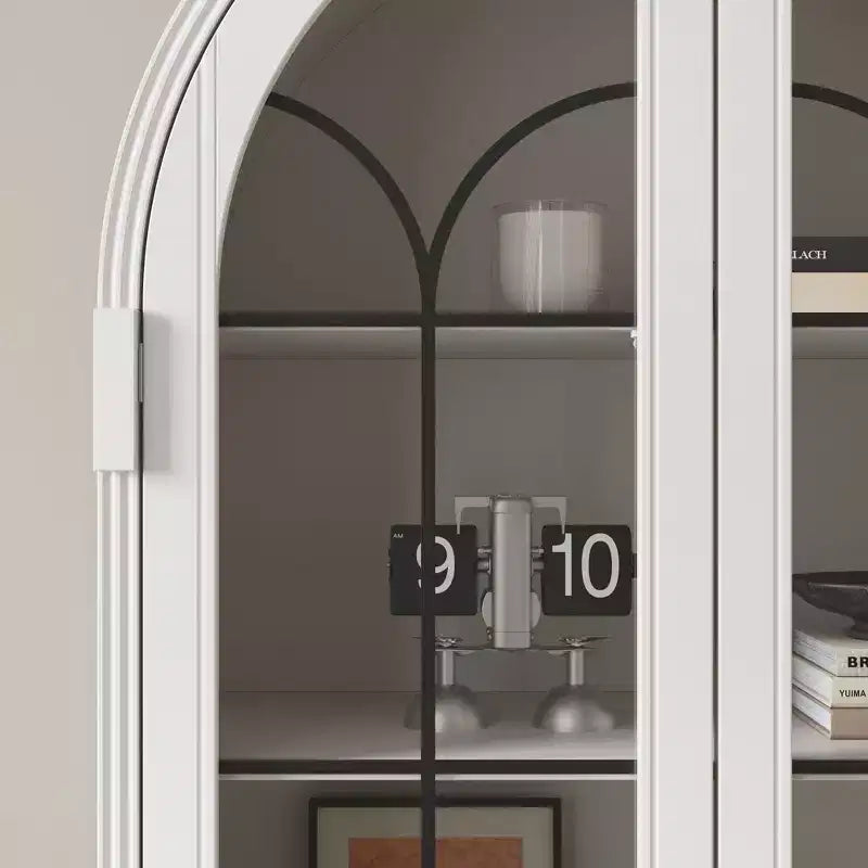 Vitrine / Bibliothèque à Porte Vitrée Bombée avec Fermeture Magnétique + Étagères Ouvertes + Tiroir