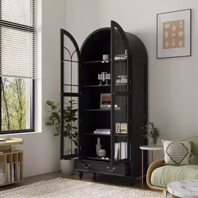 Vitrine / Bibliothèque à Porte Vitrée Bombée avec Fermeture Magnétique + Étagères Ouvertes + Tiroir