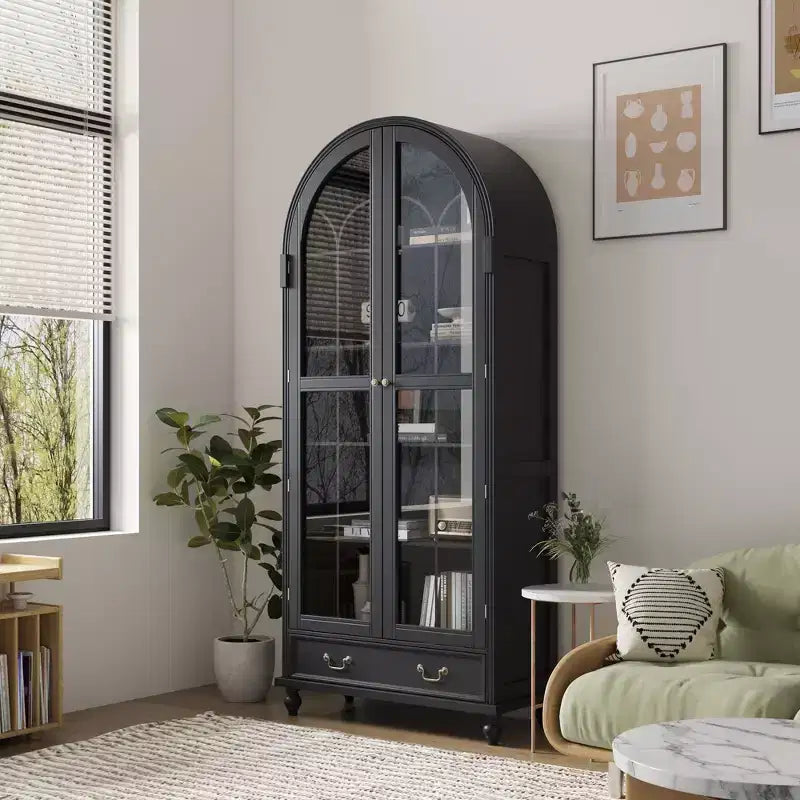 Vitrine / Bibliothèque à Porte Vitrée Bombée avec Fermeture Magnétique + Étagères Ouvertes + Tiroir