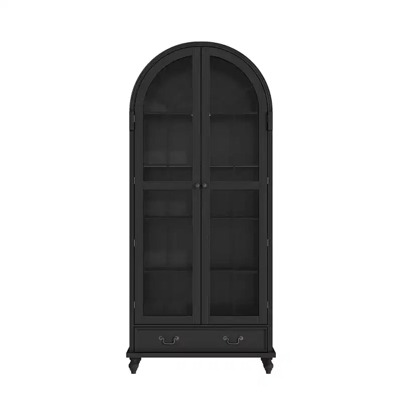 Vitrine / Bibliothèque à Porte Vitrée Bombée avec Fermeture Magnétique + Étagères Ouvertes + Tiroir