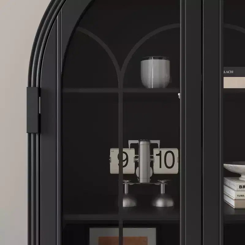 Vitrine / Bibliothèque à Porte Vitrée Bombée avec Fermeture Magnétique + Étagères Ouvertes + Tiroir