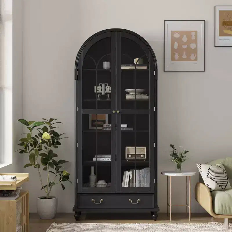 Vitrine / Bibliothèque à Porte Vitrée Bombée avec Fermeture Magnétique + Étagères Ouvertes + Tiroir