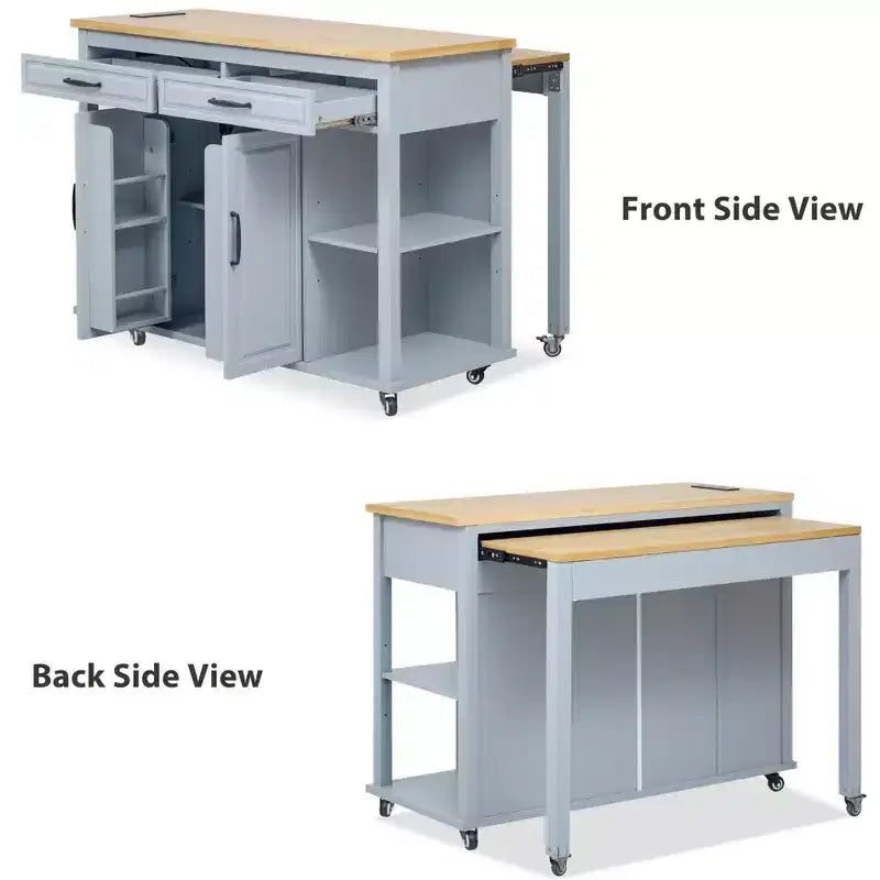 47 Îlot de cuisine avec table à manger extensible, table de cuisine en placage de bois d'hévéa avec étagère de rangement et prise de courant et 2 tiroirs, 2 armoires bleues