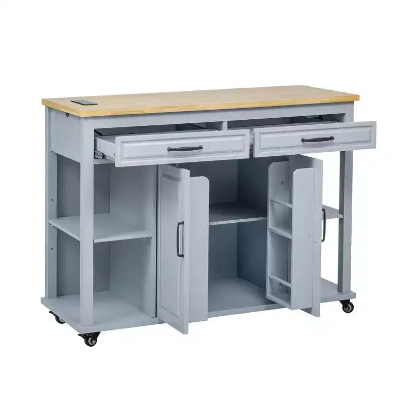 47 Îlot de cuisine avec table à manger extensible, table de cuisine en placage de bois d'hévéa avec étagère de rangement et prise de courant et 2 tiroirs, 2 armoires bleues