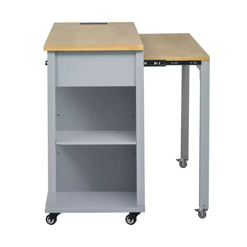 47 Îlot de cuisine avec table à manger extensible, table de cuisine en placage de bois d'hévéa avec étagère de rangement et prise de courant et 2 tiroirs, 2 armoires bleues