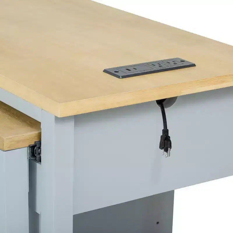 47 Îlot de cuisine avec table à manger extensible, table de cuisine en placage de bois d'hévéa avec étagère de rangement et prise de courant et 2 tiroirs, 2 armoires bleues