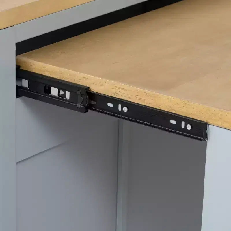 47 Îlot de cuisine avec table à manger extensible, table de cuisine en placage de bois d'hévéa avec étagère de rangement et prise de courant et 2 tiroirs, 2 armoires bleues