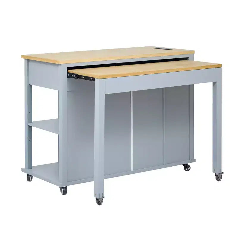 47 Îlot de cuisine avec table à manger extensible, table de cuisine en placage de bois d'hévéa avec étagère de rangement et prise de courant et 2 tiroirs, 2 armoires bleues