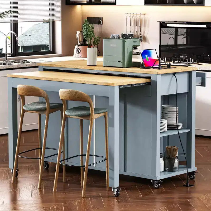 47 Îlot de cuisine avec table à manger extensible, table de cuisine en placage de bois d'hévéa avec étagère de rangement et prise de courant et 2 tiroirs, 2 armoires bleues