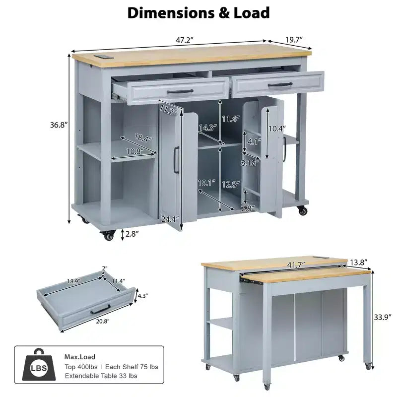 47 Îlot de cuisine avec table à manger extensible, table de cuisine en placage de bois d'hévéa avec étagère de rangement et prise de courant et 2 tiroirs, 2 armoires bleues