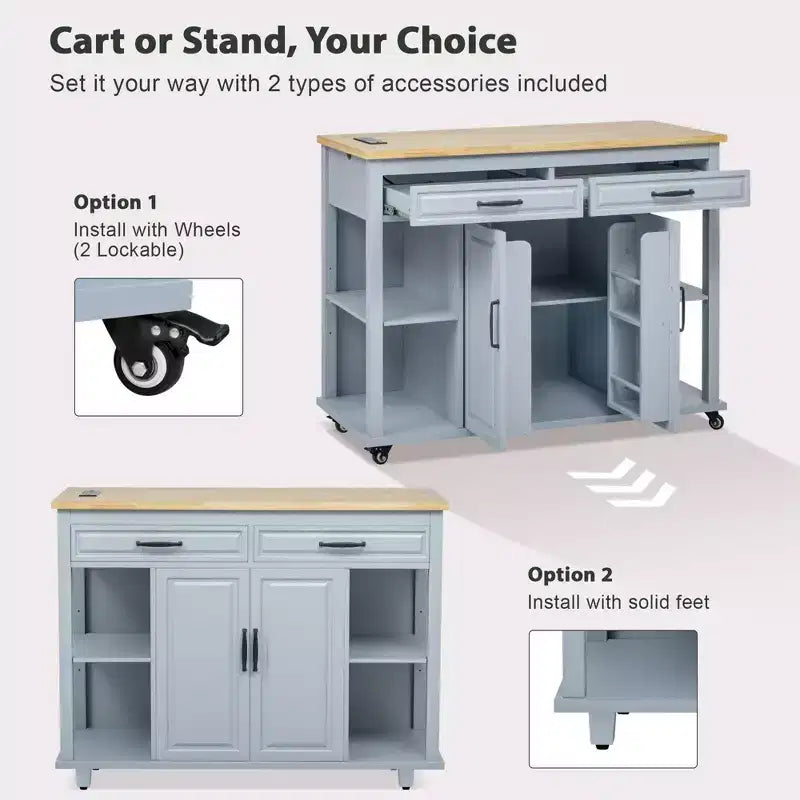 47 Îlot de cuisine avec table à manger extensible, table de cuisine en placage de bois d'hévéa avec étagère de rangement et prise de courant et 2 tiroirs, 2 armoires bleues