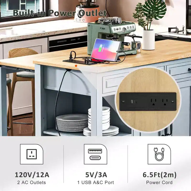 47 Îlot de cuisine avec table à manger extensible, table de cuisine en placage de bois d'hévéa avec étagère de rangement et prise de courant et 2 tiroirs, 2 armoires bleues