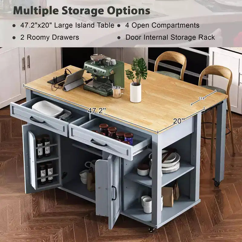 47 Îlot de cuisine avec table à manger extensible, table de cuisine en placage de bois d'hévéa avec étagère de rangement et prise de courant et 2 tiroirs, 2 armoires bleues