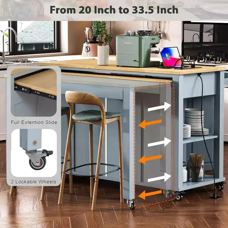 47 Îlot de cuisine avec table à manger extensible, table de cuisine en placage de bois d'hévéa avec étagère de rangement et prise de courant et 2 tiroirs, 2 armoires bleues