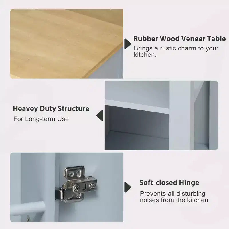 47 Îlot de cuisine avec table à manger extensible, table de cuisine en placage de bois d'hévéa avec étagère de rangement et prise de courant et 2 tiroirs, 2 armoires bleues