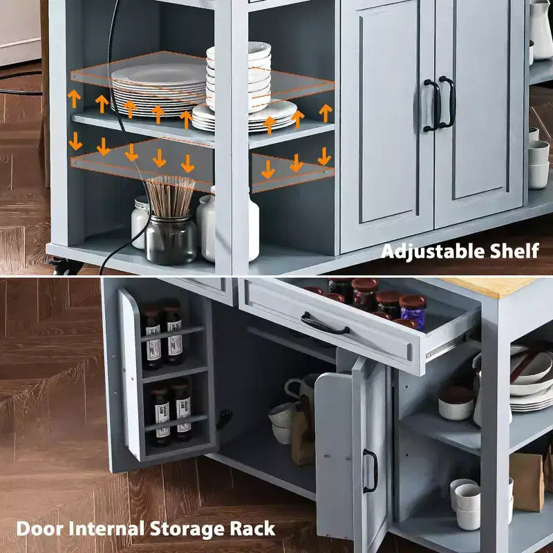 47 Îlot de cuisine avec table à manger extensible, table de cuisine en placage de bois d'hévéa avec étagère de rangement et prise de courant et 2 tiroirs, 2 armoires bleues