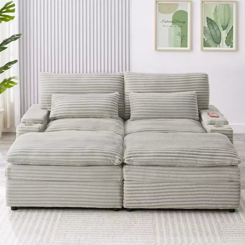 Canapé d'angle moderne 70,9" avec rangement, poufs, 4 ports et 2 porte-gobelets