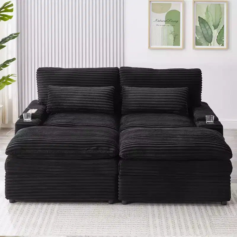Canapé d'angle moderne 70,9" avec rangement, poufs, 4 ports et 2 porte-gobelets