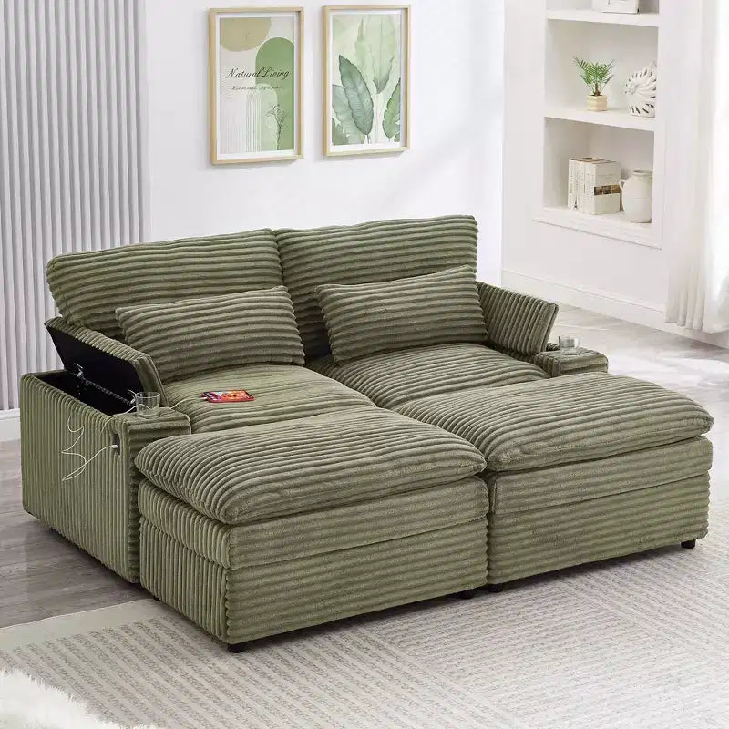 Canapé d'angle moderne 70,9" avec rangement, poufs, 4 ports et 2 porte-gobelets