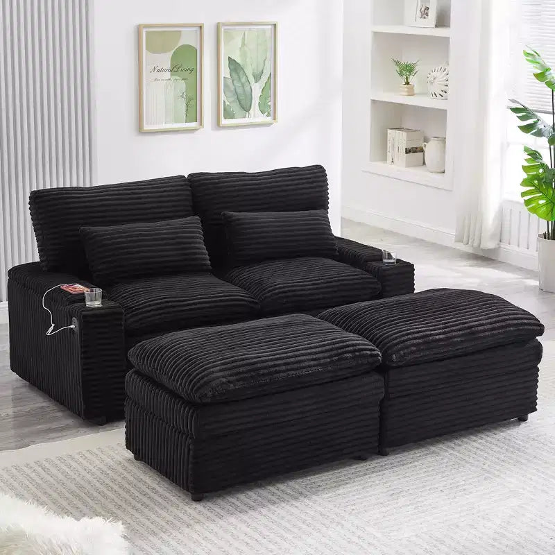 Canapé d'angle moderne 70,9" avec rangement, poufs, 4 ports et 2 porte-gobelets