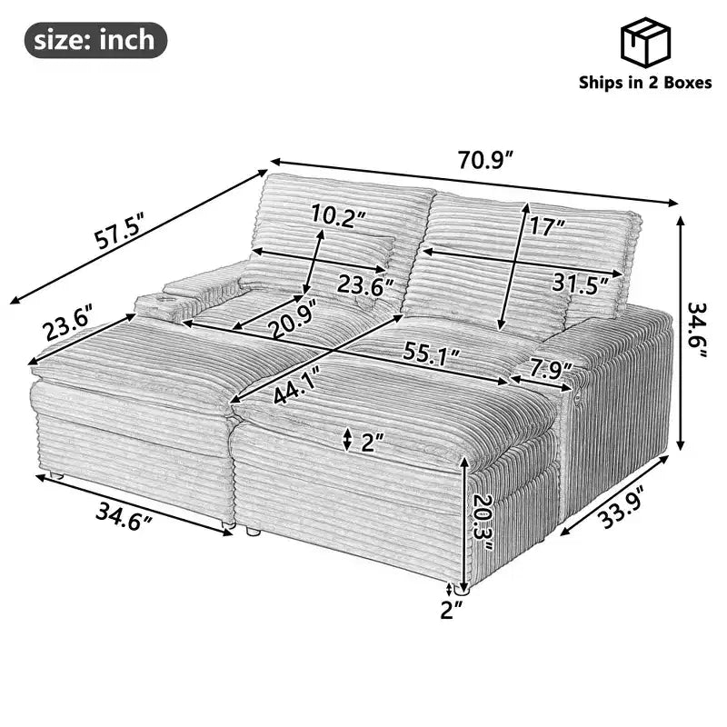 Canapé d'angle moderne 70,9" avec rangement, poufs, 4 ports et 2 porte-gobelets
