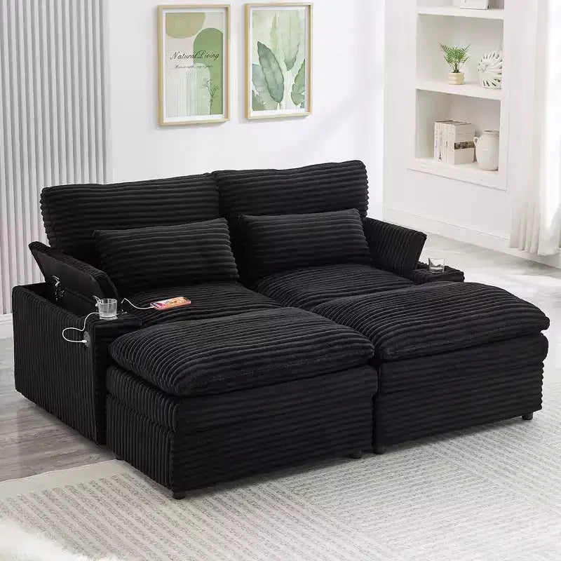 Canapé d'angle moderne 70,9" avec rangement, poufs, 4 ports et 2 porte-gobelets
