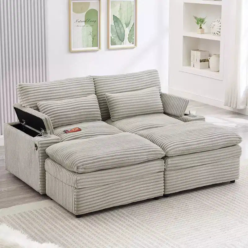 Canapé d'angle moderne 70,9" avec rangement, poufs, 4 ports et 2 porte-gobelets