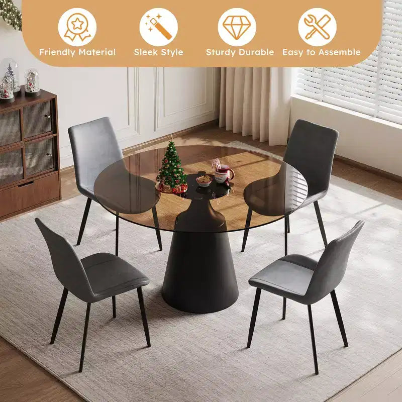 Ensemble de salle à manger GDFStudio Zephyr moderne 5 pièces avec table ronde en verre trempé et chaises rembourrées en similicuir