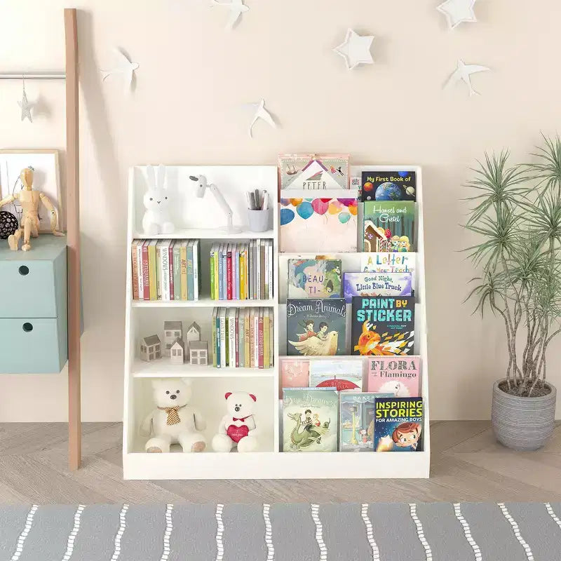 Bibliothèque pour enfants 4 niveaux multifonctionnelle avec rangement pour jouets, étagère en bois pour chambre d'enfant, salle de jeux, avec présentoir