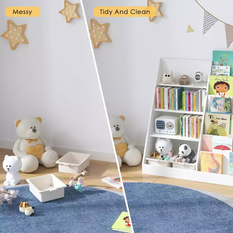 Bibliothèque pour enfants 4 niveaux multifonctionnelle avec rangement pour jouets, étagère en bois pour chambre d'enfant, salle de jeux, avec présentoir