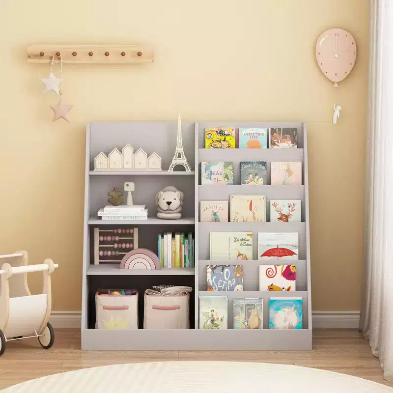 Bibliothèque pour enfants 4 niveaux multifonctionnelle avec rangement pour jouets, étagère en bois pour chambre d'enfant, salle de jeux, avec présentoir