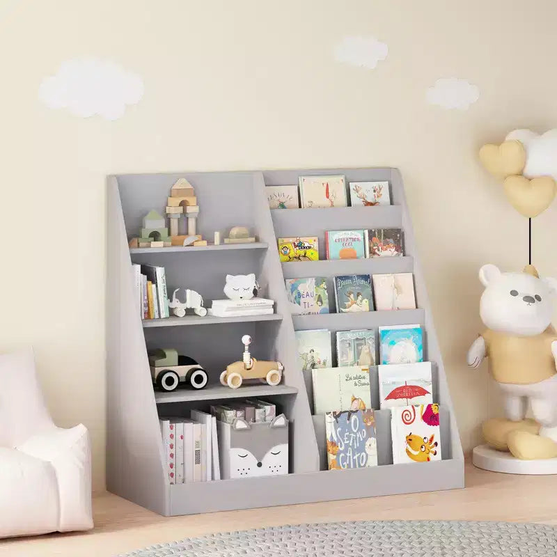Bibliothèque pour enfants 4 niveaux multifonctionnelle avec rangement pour jouets, étagère en bois pour chambre d'enfant, salle de jeux, avec présentoir